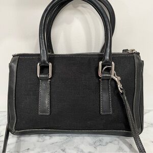 Vintage Coach Black Leather Linen Small Handbag Crossbody Bag Purse 9436